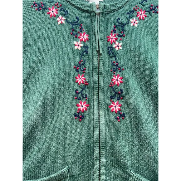 Northern Reflections Womens Zip Up Cardigan Sweater Sz L Green Embroidery Floral - Picture 7 of 11
